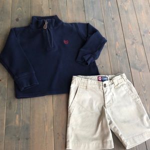 Chaps 100% Cotton Sweater Shorts Toddler Outfit Blue Khaki Quarter Zip Bundle 3T
